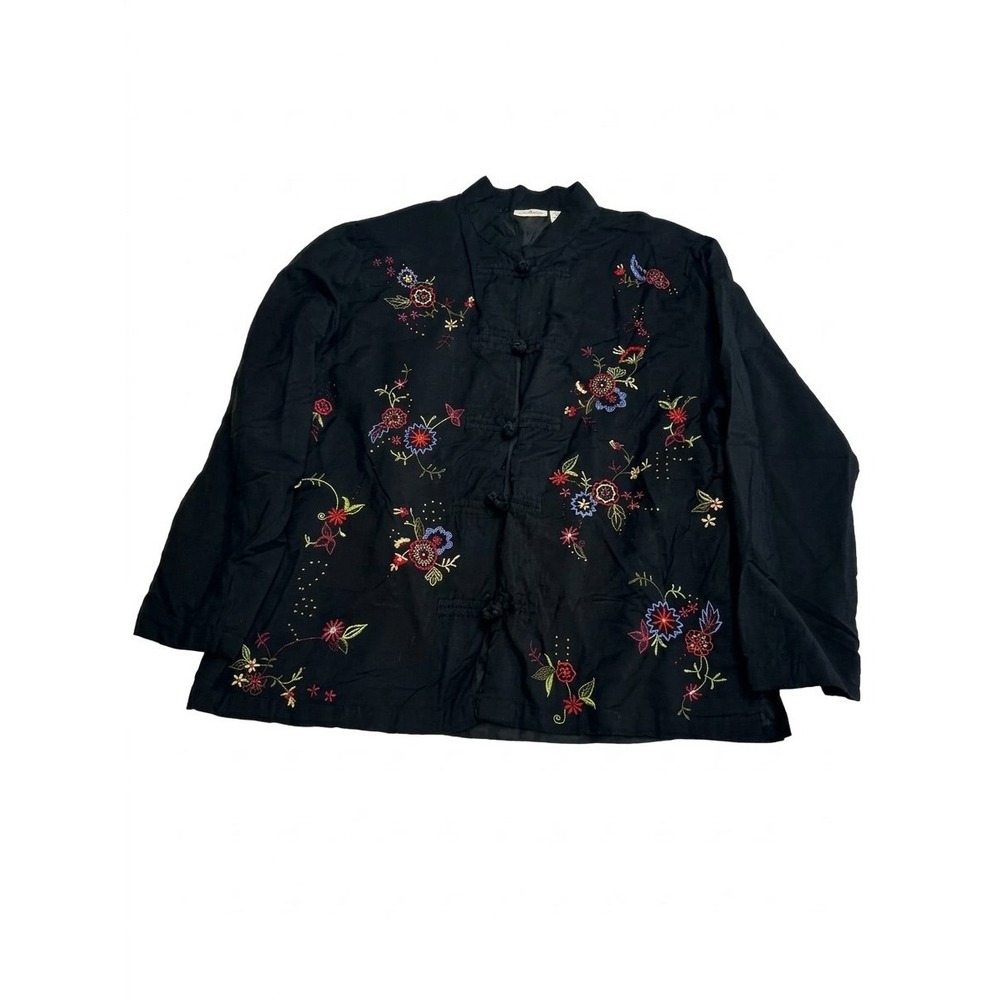 White Stag Embroidered Jacket Women XL Black  Floral Frog Closure Mandarin